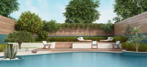Luxury garden on two levels with large pool and lush vegetation - 3d rendering