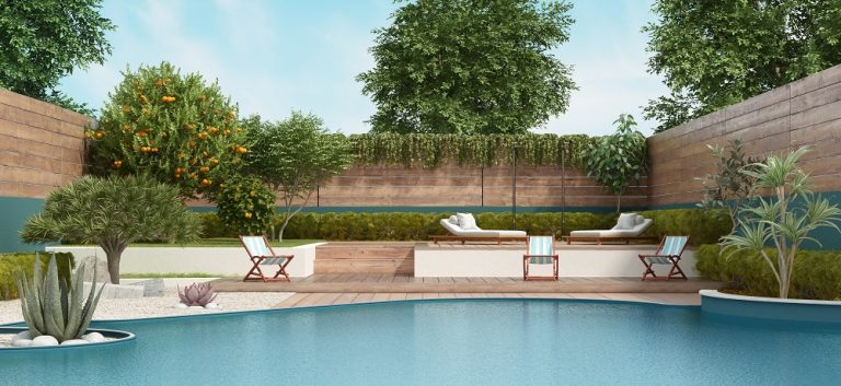 Luxury garden on two levels with large pool and lush vegetation - 3d rendering