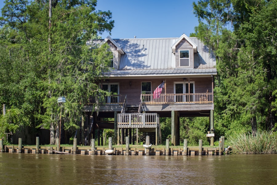 A raised riverside home along a Louisiana waterway near New Orleans