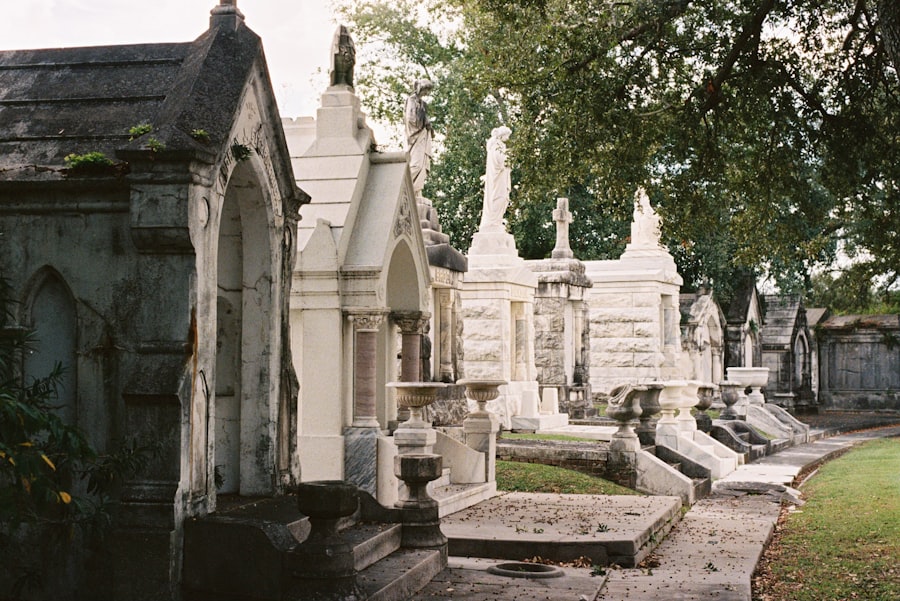 Ornate above-ground tombs and mausoleums at Metairie Cemetery in Metairie, LA