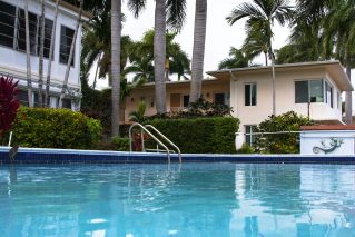 Backyard pool bordered by palms and a two-storey home on a bright day