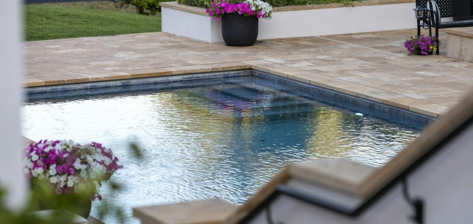Backyard pool with travertine coping and planted borders on a calm evening