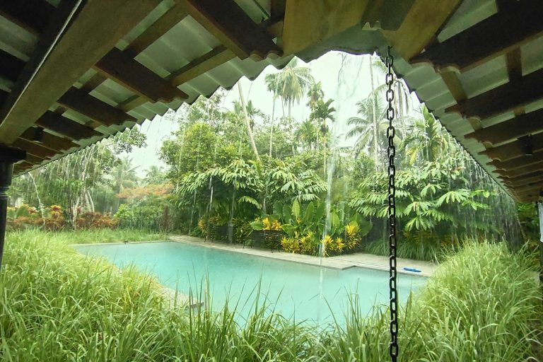 Backyard pool in heavy rain seen from under a covered porch