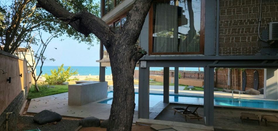 Raised home on columns with a swimming pool and a mature tree in the yard