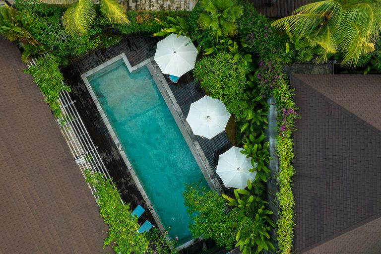 Aerial view of a backyard pool surrounded by dense greenery